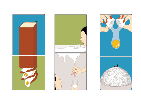 冷蔵庫デザイン　左）生食パン、中央）生搾り、右）生卵