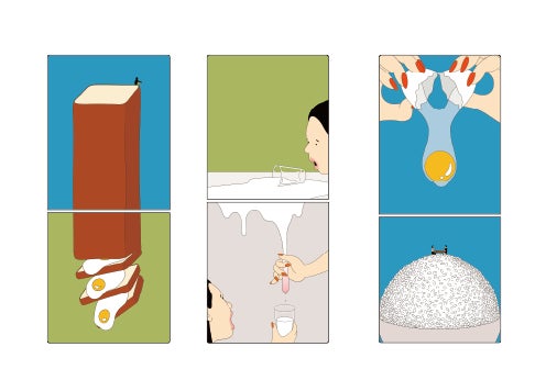 冷蔵庫デザイン 左)生食パン、中央)生搾り、右)生卵