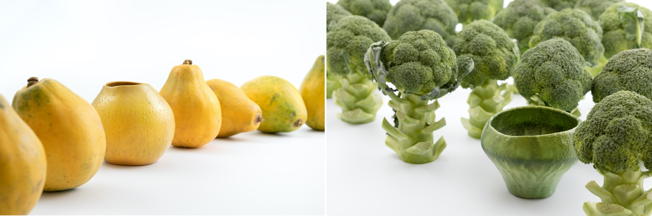 ※展示する器の一例。パパイア（左）、ブロッコリー（右）の画像をそれぞれmitate AIが見立てた。