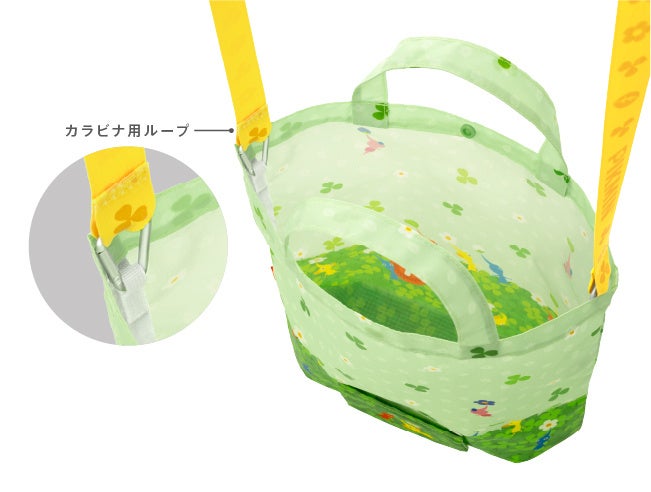 バッグ内側に付いているカラビナにリボンのループを通すとショルダーバッグとして使えます。