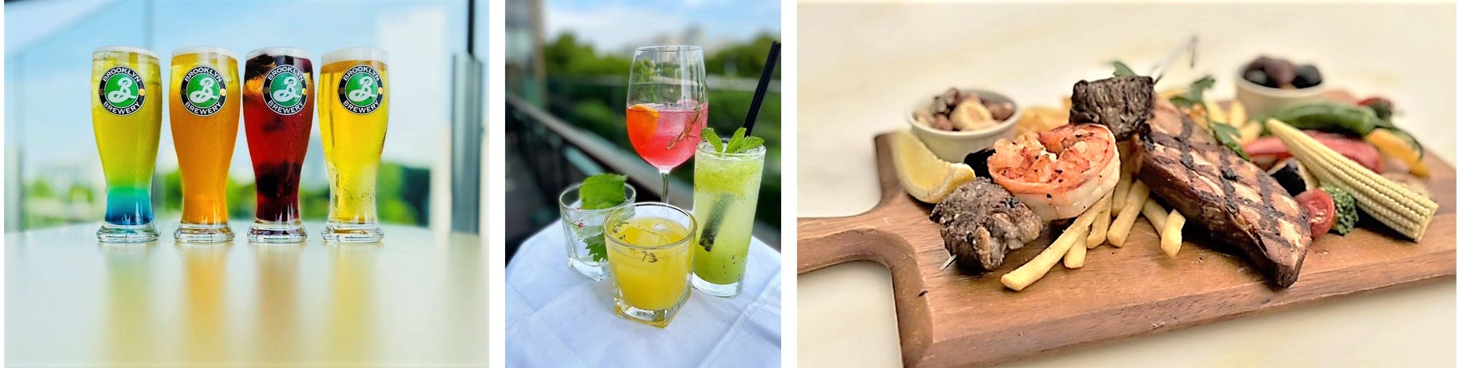 写真左から、ビアカクテル、サマーカクテル、ベンジャミン テラスラウンジ限定「ビール専用熟成肉ブッチャープレート」