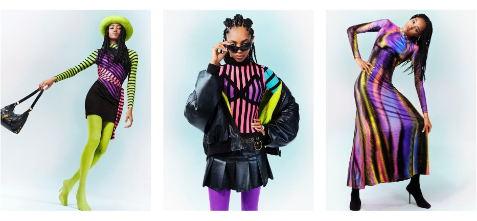 〈右〉HAT／￥15,900 DRESS／￥31,900 BAGS／￥49,900〈中央〉PULLOVER／￥15,900 COAT／￥39,900 SKIRT／￥19,900〈左〉DRESS／￥31,900 （全て税込）