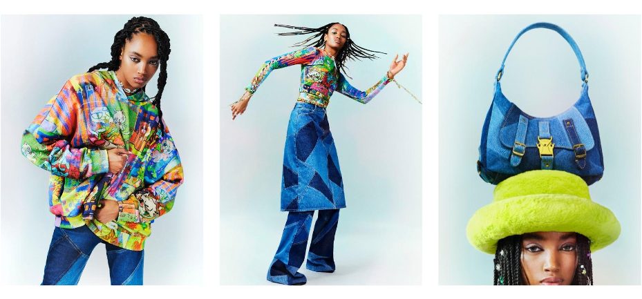 〈右〉SWEAT／￥19,900 DENIM TROUSERS／￥31,900〈中央〉PULLOVER／￥17,900  SKIRT／￥29,900 DENIM TROUSERS／￥31,900（全て税込）