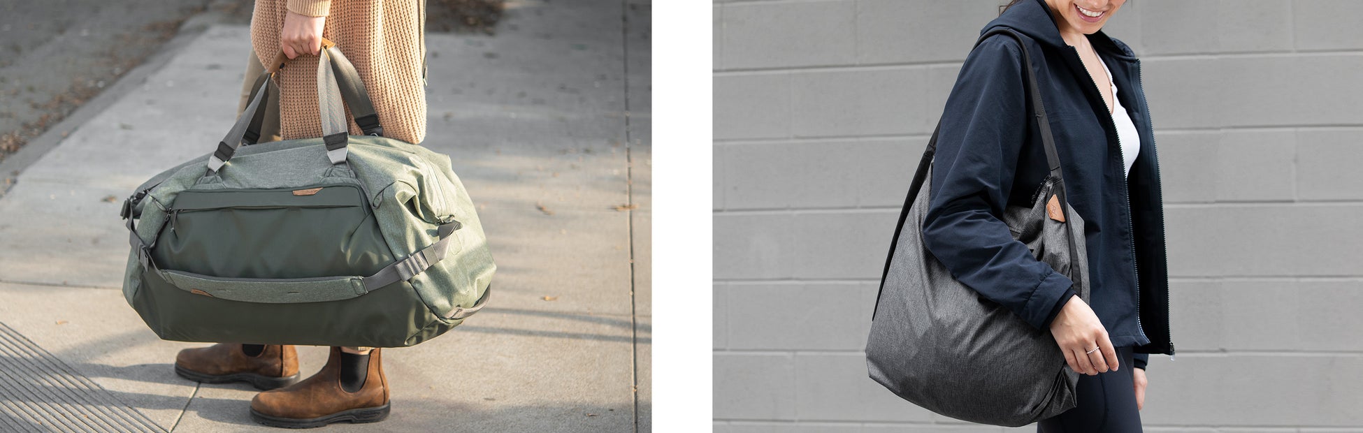 左:トラベルダッフル65L(セージ) 右:パッカブルトート(チャコール)