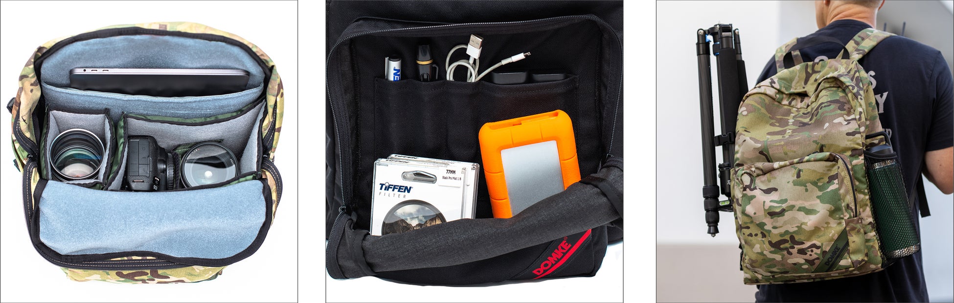 左:機材収納イメージ(カモ) 中央:フロントポケット(ブラック) 右:使用イメージ(カモ)