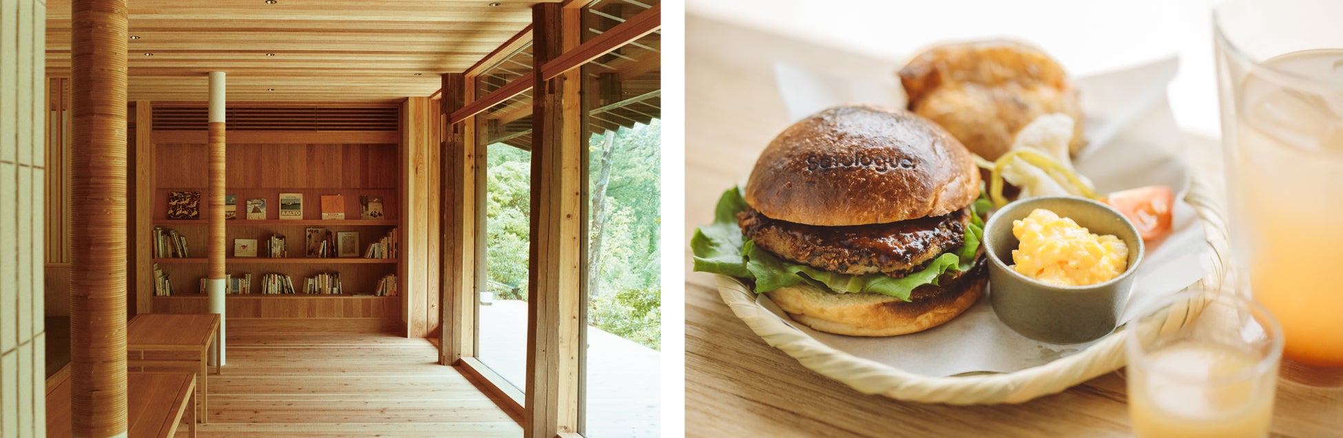 ©︎Daisuke Takashige|1Fラウンジ            ©︎Daisuke Takashige|ヤマメ照り焼きバーガー