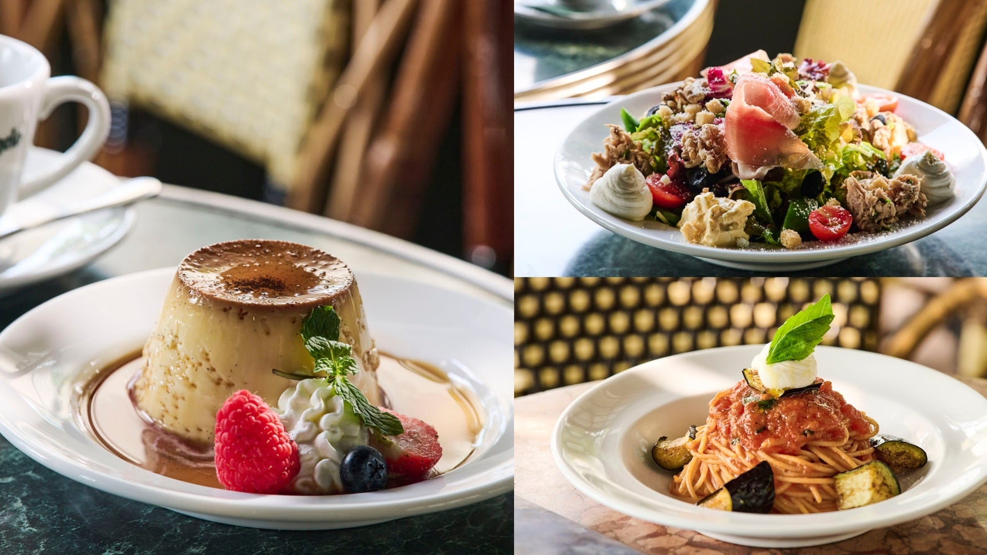 左：ミケランジェロ プリン 右上：サラダ ミケランジェロ　右下：スパゲッティ ボロネーゼ