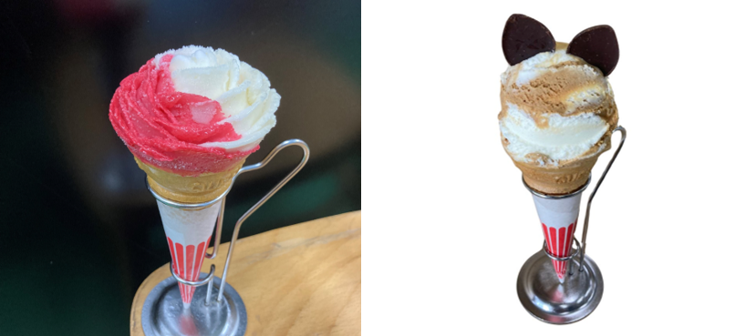 左から、赤白バラ盛りジェラート （土日祝各日１０個限定）、ネコ耳ジェラート