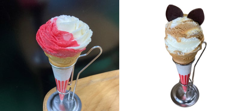 左から、赤白バラ盛りジェラート (土日祝各日10個限定)、ネコ耳ジェラート