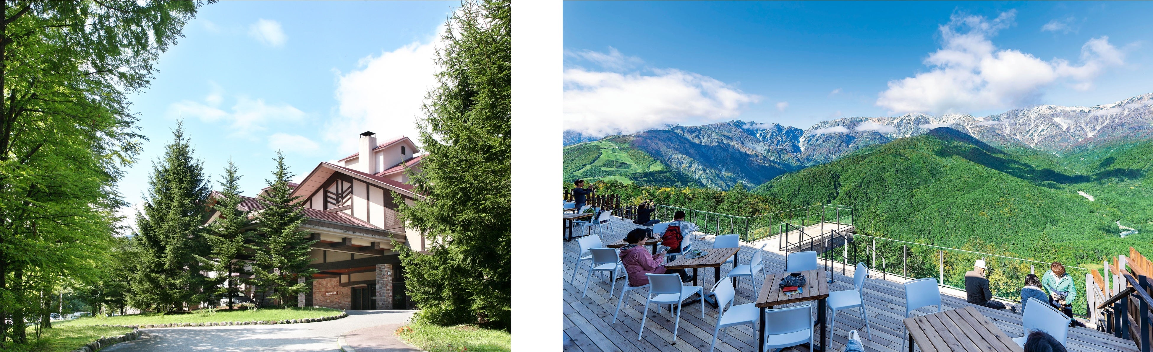 ホテル外観と白馬岩岳（ホテルから車で約10分）からの眺め