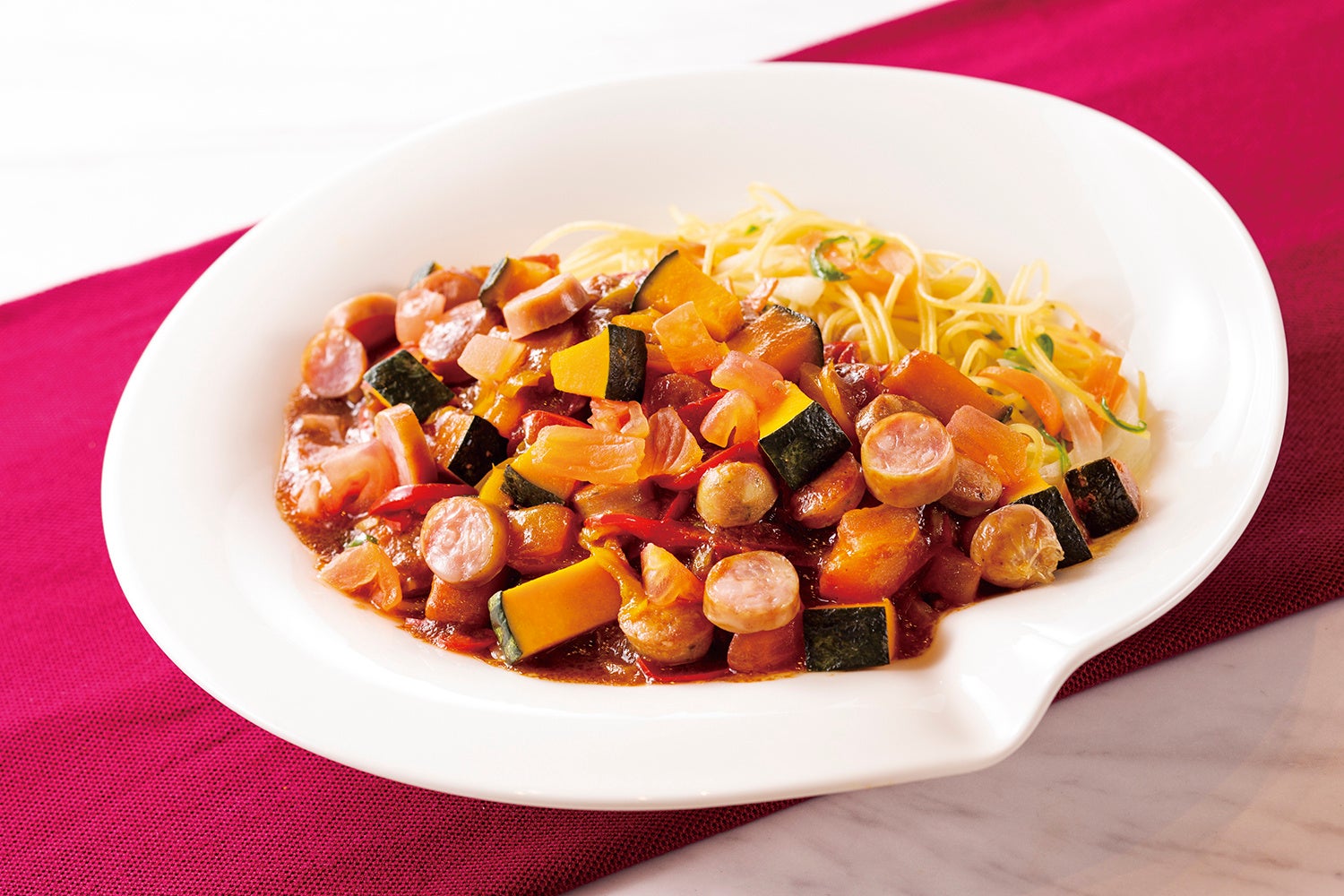 かぼちゃとソーセーあんかけスパゲティ仕立て