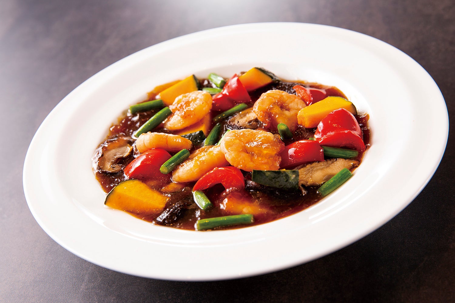 かぼちゃと海老の甘酢辛子炒め