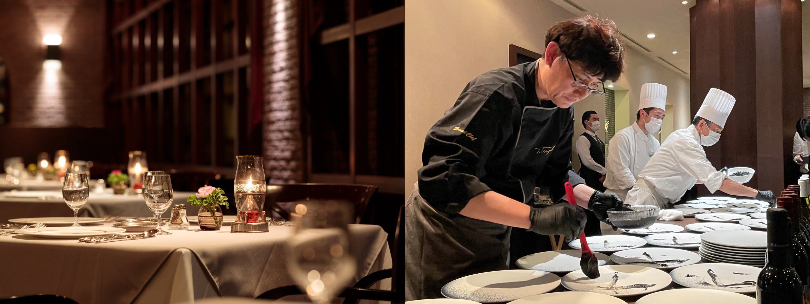 （左）レストラン「シャモニー」　（右）GASTRONOMIE vol.1開催時の総料理長パフォーマンス