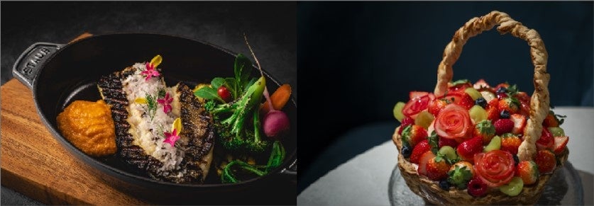 (左から)ソイのグリル ナッツと野菜のピュレ、苫小牧市 苫東ファームの苺「よつぼし」のシグネチャーパフェ