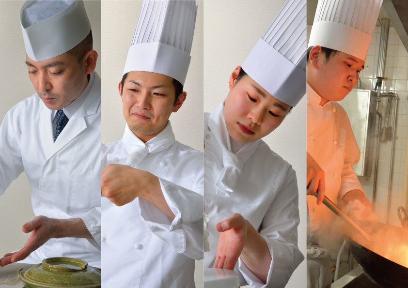 （左より）日本料理 さざんか 料理人　鈴木 健司、ブラスリー ハーモニー 料理人　冨澤 智紀、ベーカリーショップ アン パティシエ　副田 和美、中国料理 桃園 料理人　鯨岡 広人
