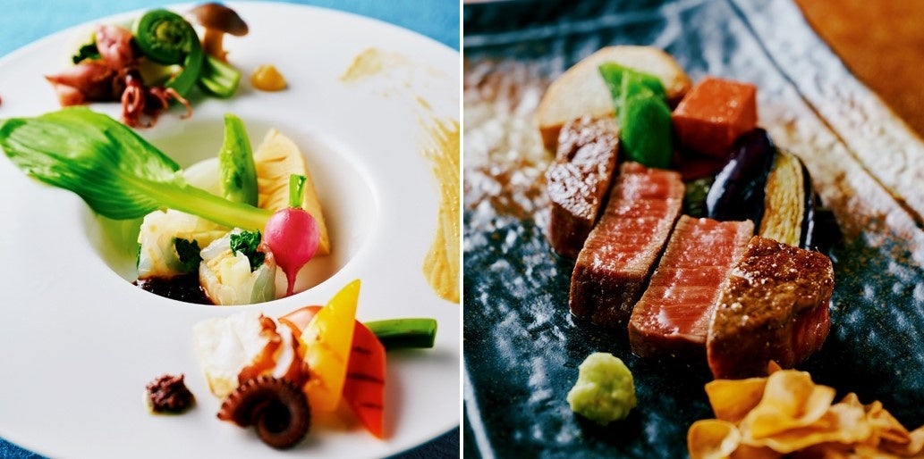 特別コース「時の懸け橋」より、前菜とメインのステーキ