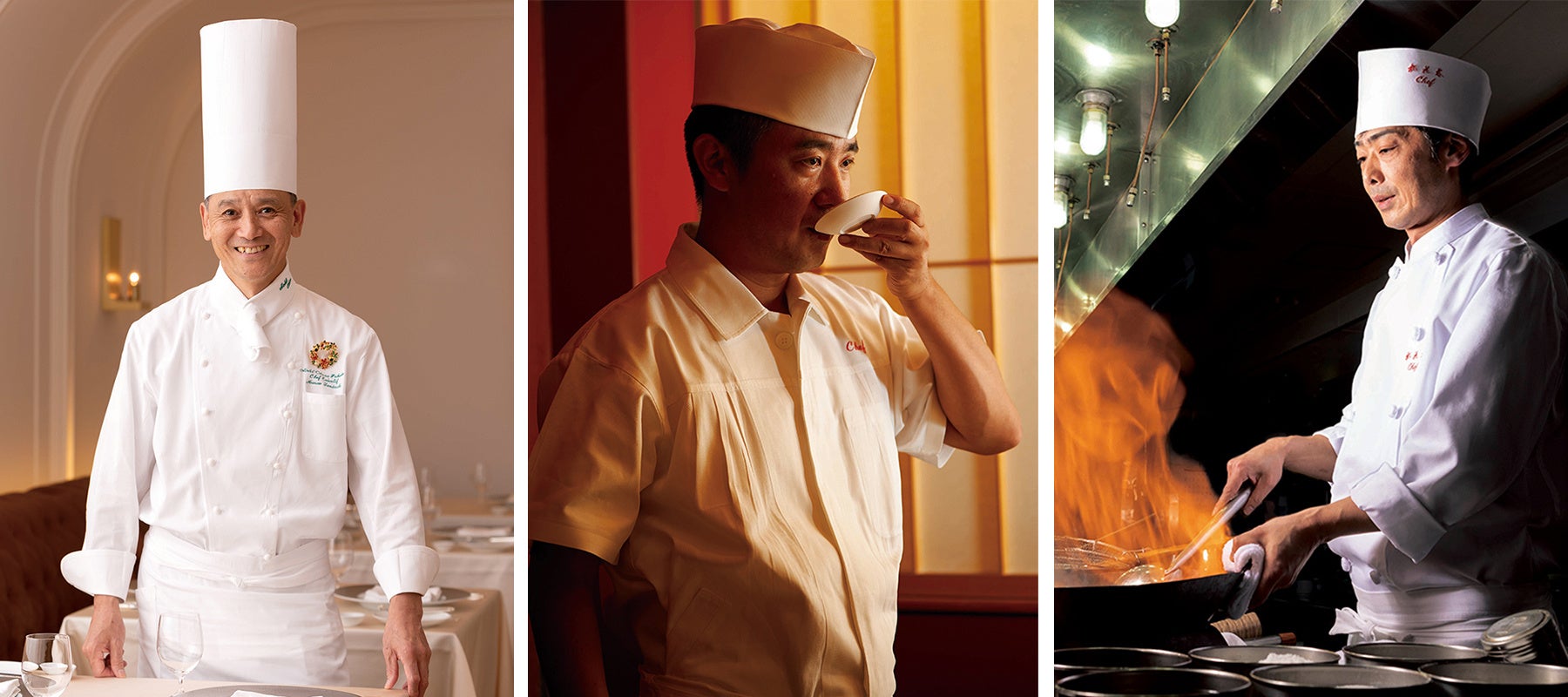 左から：総料理長 谷内 雅夫、和食堂 山里料理長 松島 孝吏、中国料理 桃花林 料理長 小山田 晃