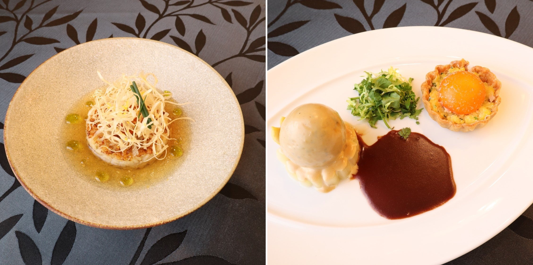 左から ＜料理部門 2位＞ 卵黄のマリネと茸の焼きリゾット コンソメ仕立て ＜料理部門 3位＞ 卵黄のコンフィのシャンピニョンムース 包みとヴェルモット香るエッグタルト ソースヴァン・ルージュ