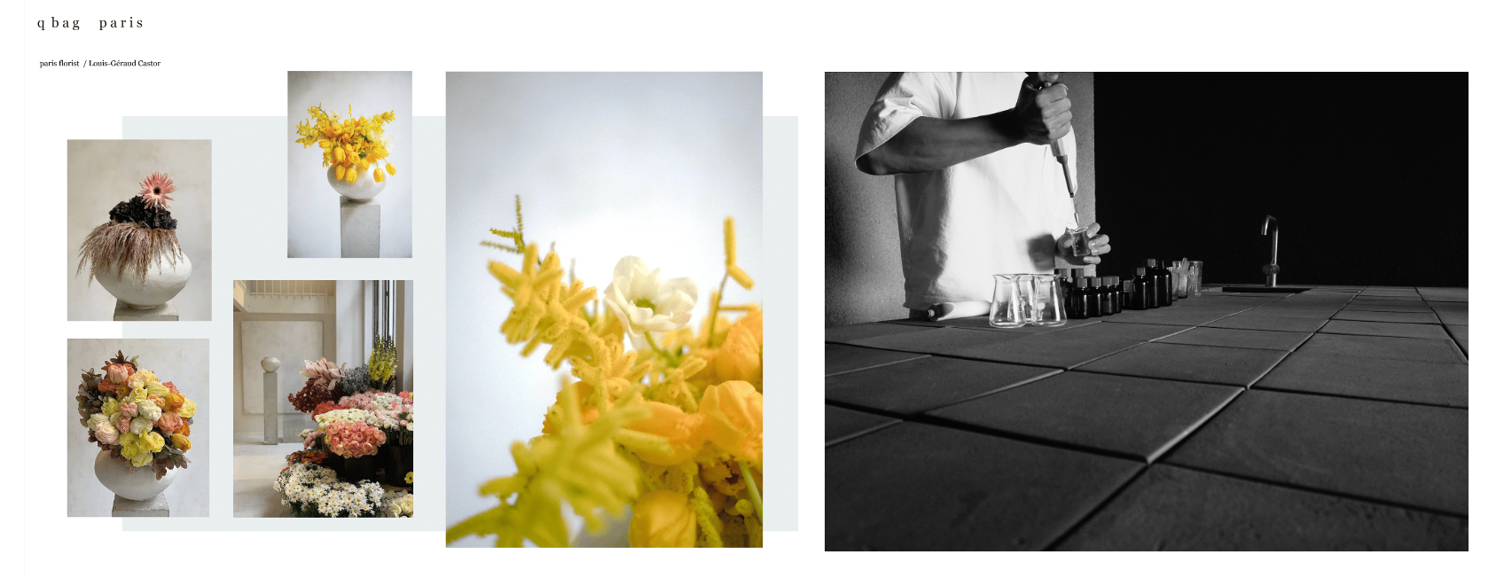 ▲香りのイメージとなった花々や調香師による香水の調合工程