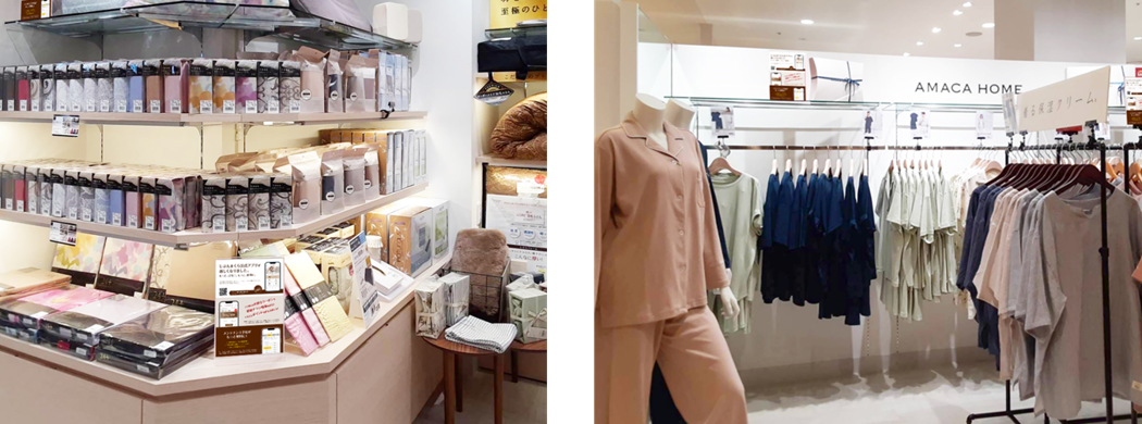 店内の様子（左）まくらカバー（右）AMACA HOME