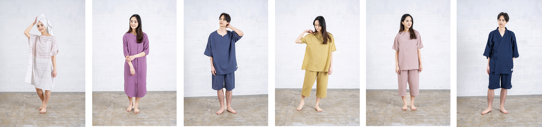 （左から）湯上りガーゼウェア、ワンピース、メンズダブルガーゼパジャマ,レディースダブルガーゼパジャマ（色違い）,甚平パジャマ] （左から）湯上りガーゼウェア、ワンピース、メンズダブルガーゼパジャマ,レディースダブルガーゼパジャマ（色違い）,甚平パジャマ