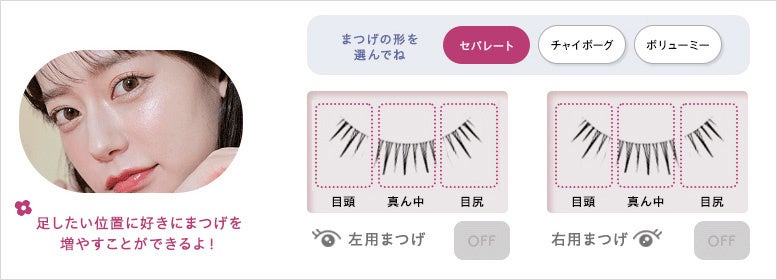 形と位置を選び、好きな場所にまつげをつけることが可能