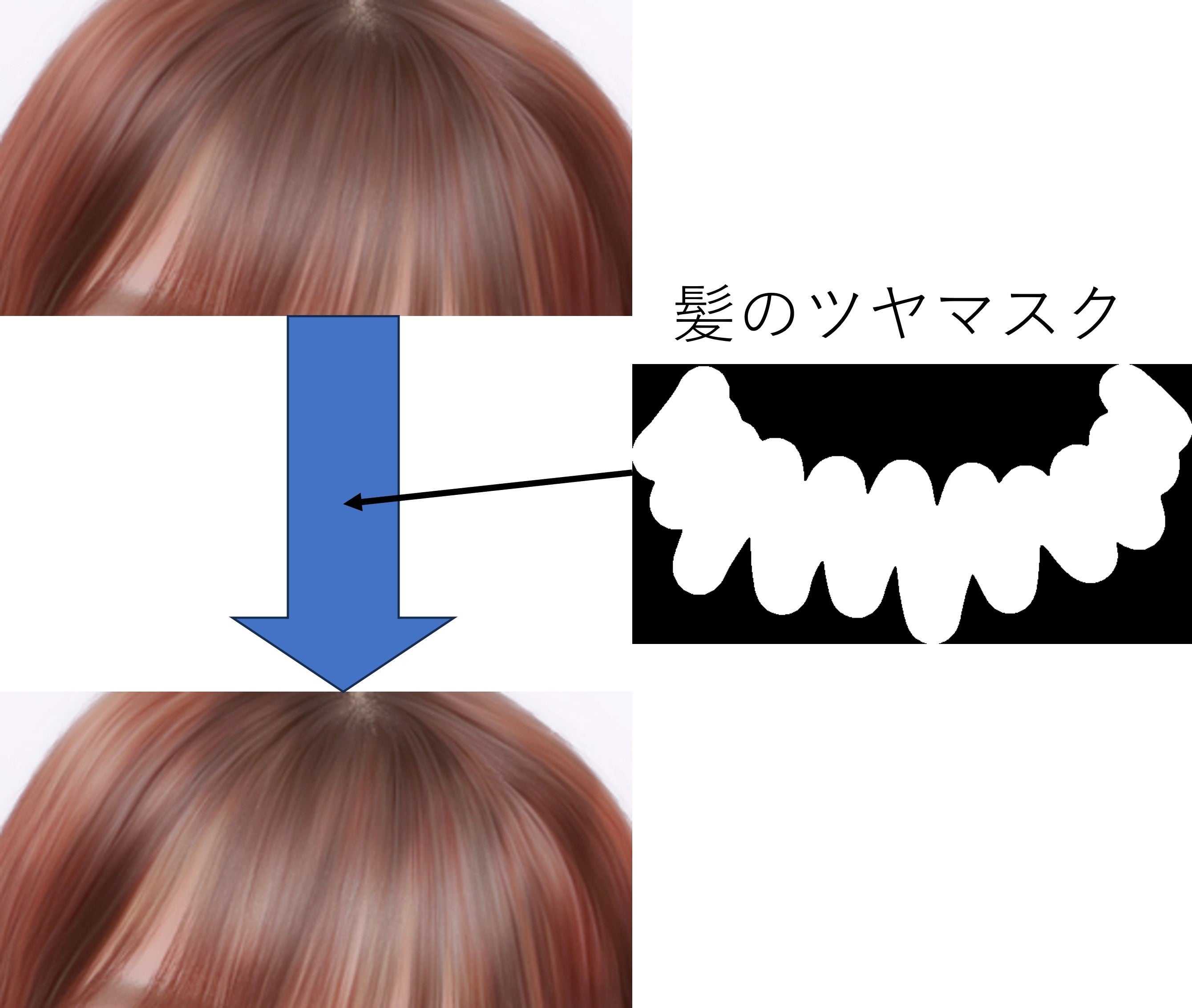 頭頂部付近を割り出し天使の輪（ツヤ）を合成