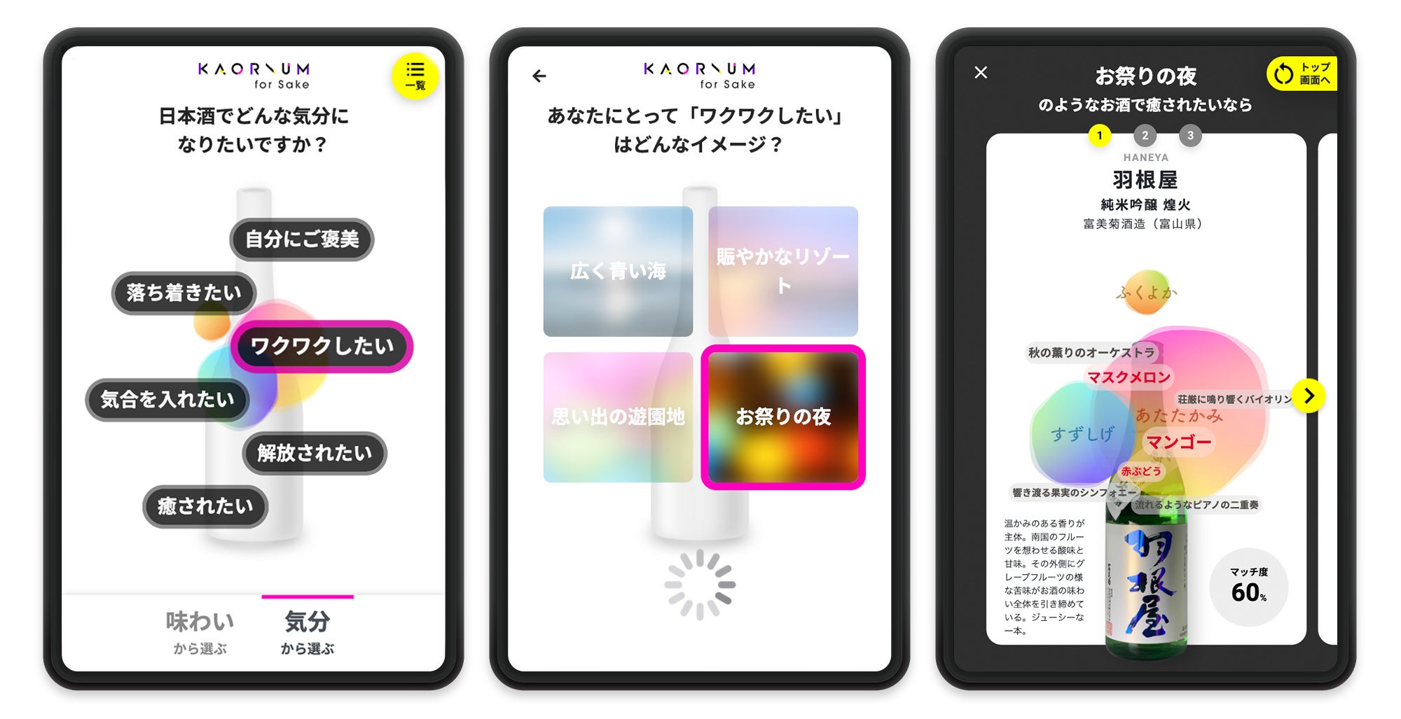 (左 2 枚)「ワクワクしたい」という気分から日本酒を選ぶ(右)わかりやすい風味マップ