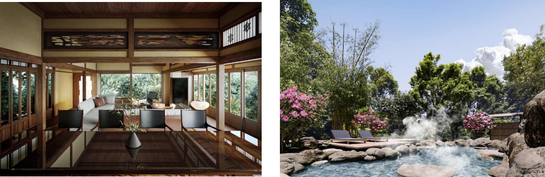 三面緑に囲まれたプライベートダイニング　　　　　　　　　川のせせらぎが聞こえる開放的な露天風呂