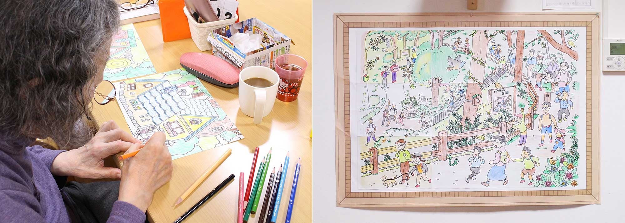 （写真左：ゆうらく東所沢でのレク実施の様子、写真右：9枚のぬりえを貼り合わせた作品を施設内で展示）