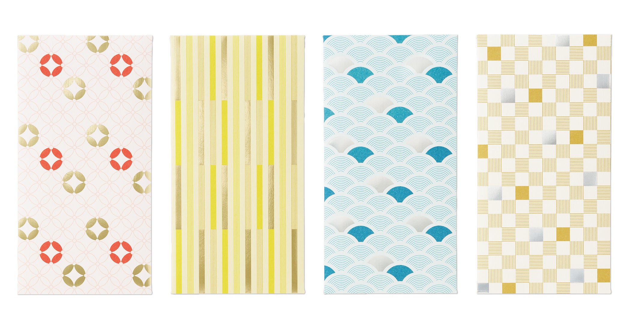 （左から）七宝、縞、青海波、市松