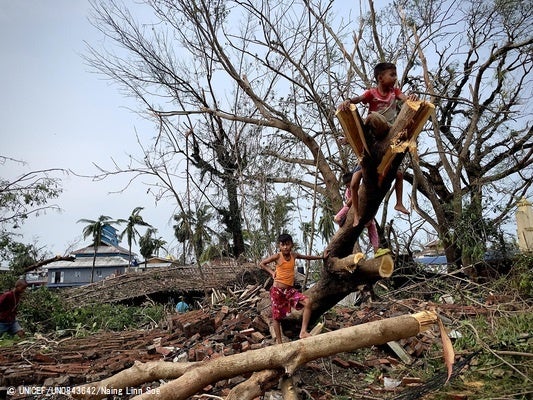ラカイン州で、サイクロンの影響により倒壊した木に登る子どもたち。(ミャンマー、2023年5月15日撮影) © UNICEF_UN0843642_Naing Linn Soe