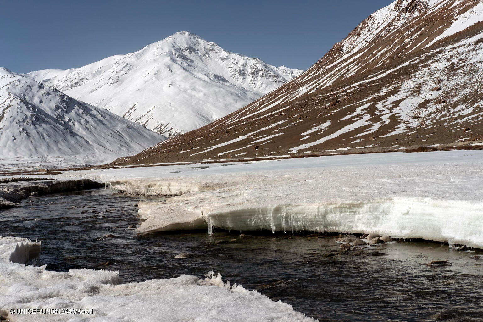 ヒマラヤ山脈の北部にある、ザンスカール渓谷の川の氷河が解けている様子。世界では、4億人が山の氷河の水を頼りにしているが、ヒマラヤ山脈の一部は干上がってしまっている。(インド、2022年3月撮影) © UNICEF_UN0619443_Kolari