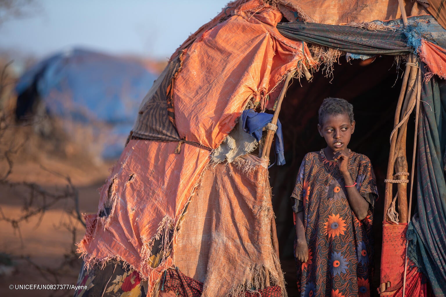 干ばつの影響により、ソマリ州の国内避難民キャンプに家族と逃れた9歳のリナさん。(エチオピア、2023年3月撮影) © UNICEF_UN0827377_Ayene