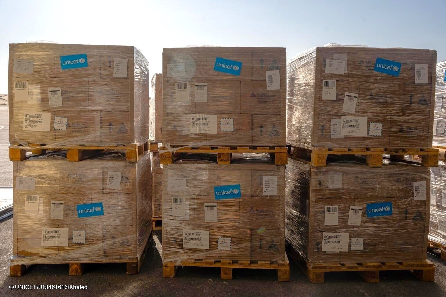 ガザ地区で支援を必要としている子どもや家族に届けるため、アルアリーシュ空港に届いたユニセフの命を守る支援物資。(エジプト、2023年10月30日) © UNICEF_UNI461615_Khaled
