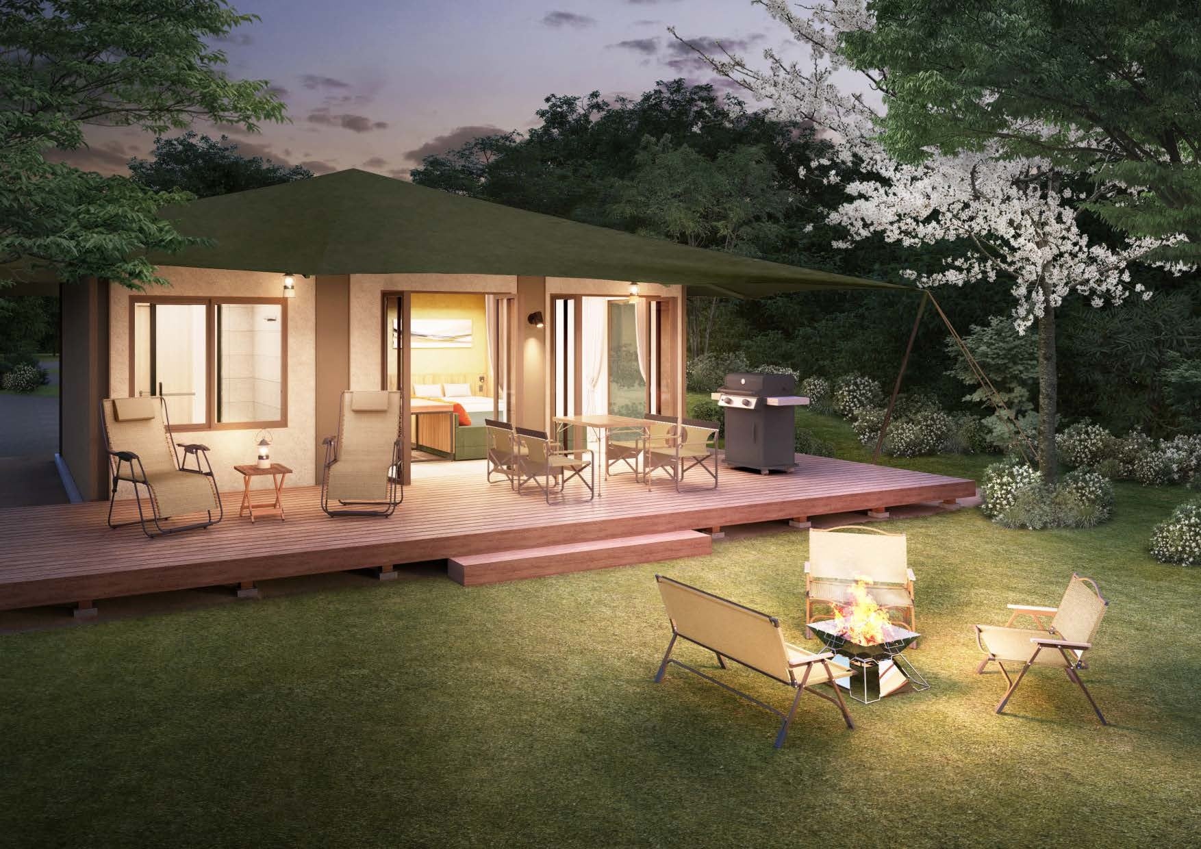 ウッドデッキや専用庭が完備され、アウトドアが体験できる「NEMU フォレストヴィラ」