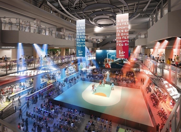 「三井ショッピングパーク ららぽーと堺」(2022年11月8日(火)開業予定)(大阪・堺市)の中心に誕生するスタジアムコート「Fansta XROSS STADIUM」(ファンスタクロススタジアム)(イメージ)