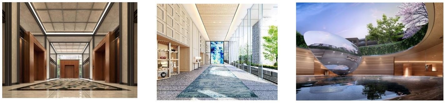 （左）ホール／（中央）サウスエントランスホール／（右）センターガーデン（左：吉岡徳仁氏アート）