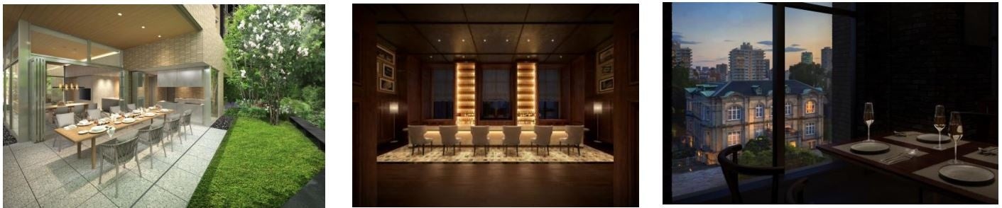 （左）ゲストハウス（BBQスペース）／（中央）バーラウンジ／（右）キュレーションレストラン（店舗）