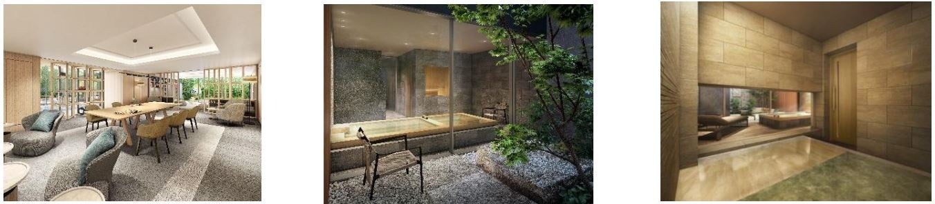 （左）ファミリーラウンジ／（中央）サウナスパ／（右）岩盤浴スパ