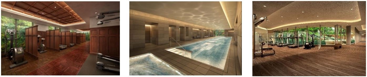 （左）フィットネスルーム（会員制）／（中央）プール（会員制）／（右）ガーデンフィットネス