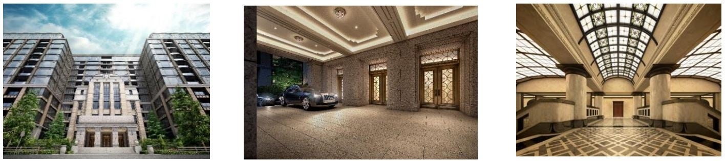 （左）ファサード（南側正面）／（中央）車寄せ／（右）ロビー（中央：保存・再生ステンドグラス）