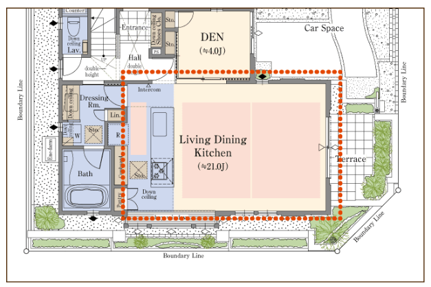 【本物件No.1号棟：１階間取り部分図】