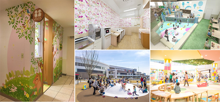 各ららぽーとにおける、子育て世代にうれしい機能・設備例 （おむつ台・キッズトイレ・キッズスペース等）
