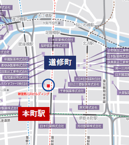 大阪「ライフサイエンスハブウエスト」マップ　※紫は製薬企業（LINK-J調べ）