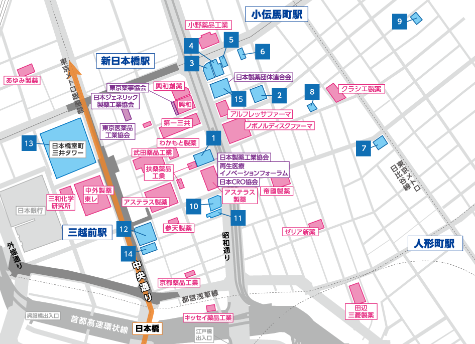 東京・日本橋「ライフサイエンスビルシリーズ」マップ　※ピンクは製薬企業（LINK-J調べ）