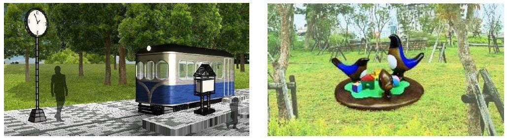 （左）列車オブジェ（イメージ）　（右）渡り鳥オブジェ（イメージ）