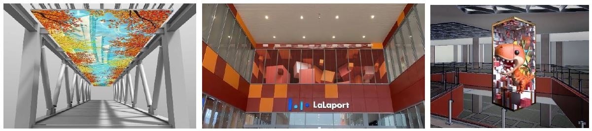 （左）接続ブリッジの天井大型LEDパネル（イメージ）　（中央）南館エントランス　（右）北館吹き抜け（イメージ）