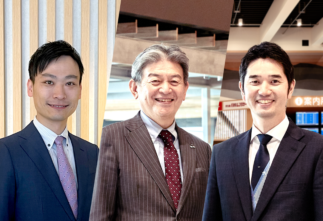 左：高木啓吾（三井不動産株式会社 ソリューションパートナー本部事業開発部）　　  中：新原昇平（熊本国際空港株式会社 代表取締役社長）   右：小川哲弘（熊本国際空港株式会社 経営企画本部 経営企画・財務部 兼 新ビル整備室）