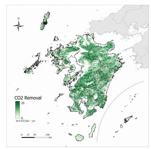 上図の計算手法を用いたCO2吸収量の空間分布の事例